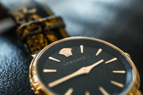 Expensive Versace watch closeup.