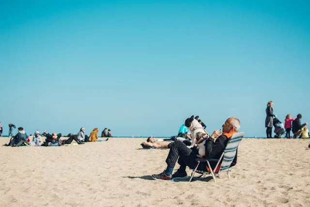 elderly man and dog on lap sitting on beach