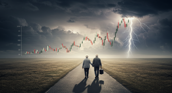 Image of retirement couple walking down a long winding path that resembles the stock market ups and downs.