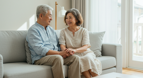 elderly couple on a couch