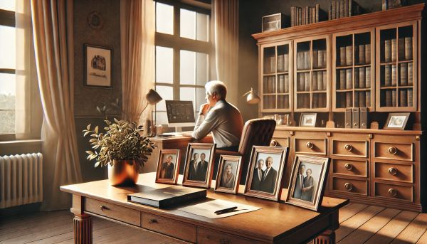 Man looking at computer, family pictures on desk.