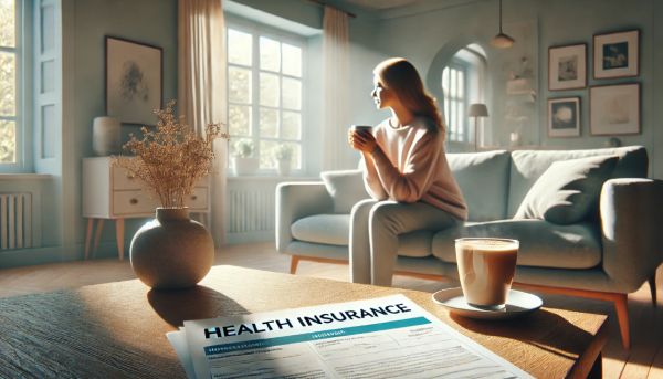 Woman having coffee in living room.