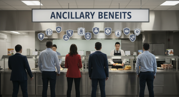 Diverse group of employees coming down a cafeterial line with overhead sign: An c i l l a r y B e n e f i t s. The serving line has multiple different insurance icons