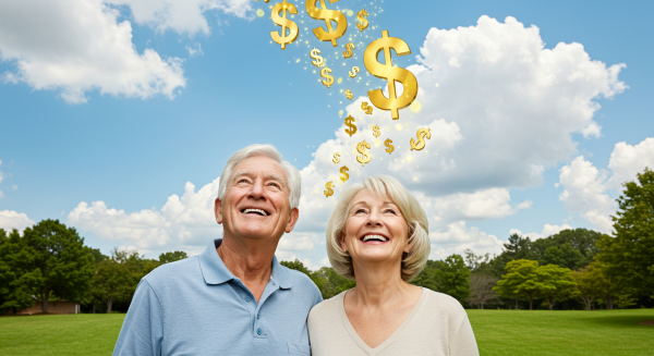 Retirement Couple looking out into the sky and seeing a lifetime income stream of $ coming towards them.