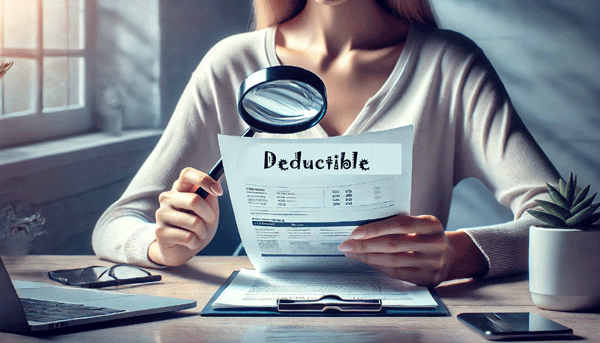 woman with eyeglass looking at insurance bill.