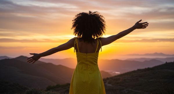 Woman in yellow dress watching sunset at sunset, symbolizing freedom and security through smart health insurance choices.