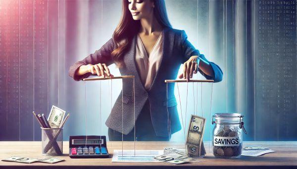 woman like a puppet master over money items