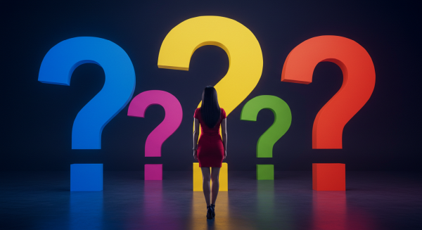 A confident person facing 5 big Question marks (?), abstract , woman back to the camera. looking at 5 colorful and different question marks