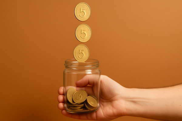 coins dropping into a jar held by a hand.
