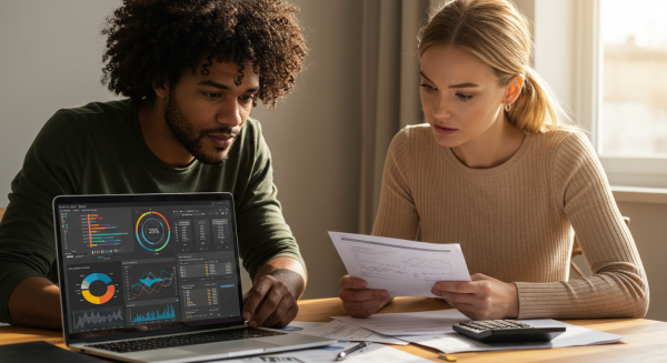 A couple reviewing their finances with a serious but empowered look, papers and a laptop open, perhaps a financial dashboard on screen