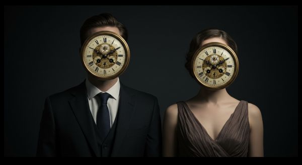 Portrait of a man and woman whose faces are replaced by a clock.