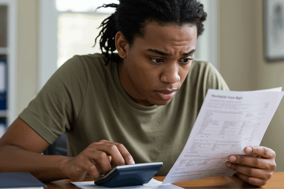 A worried young adult looking at a medical bill or hospital invoice, calculator in hand