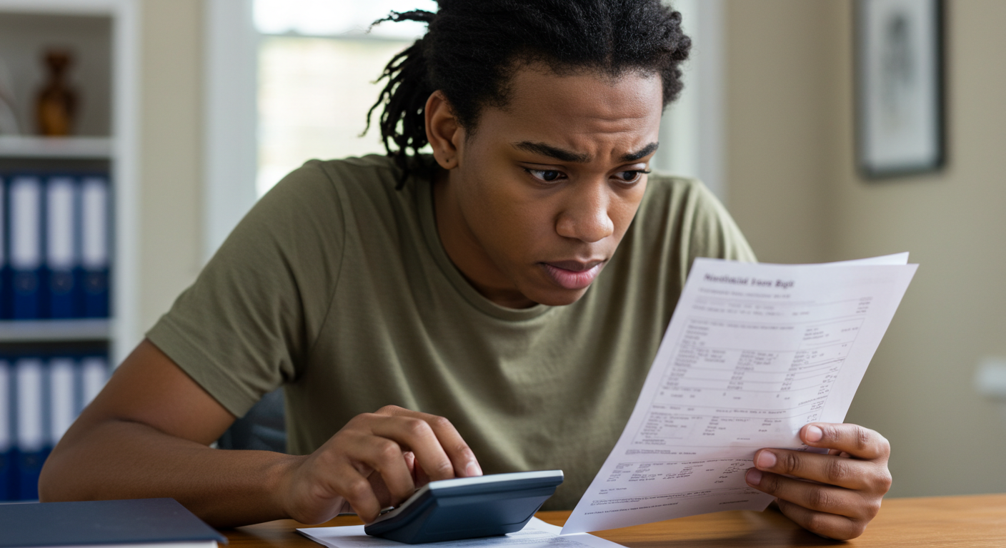 A worried young adult looking at a medical bill or hospital invoice, calculator in hand
