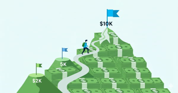 a dollar mountain trail with three plateaus marked: $2K, $5K, $10K.