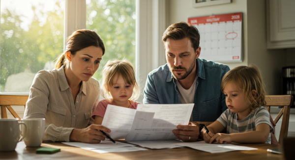 Concerned young family reviewing documents at a kitchen table, with a calendar in background showing "2026" circled in red;