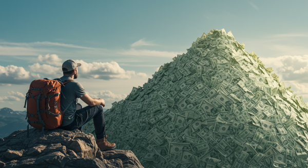A calm but determined hiker resting on a plateau looking toward a mountain made of dollar bills. Make the mountain of bills farther away and show dollar bill bread crumbs to it.