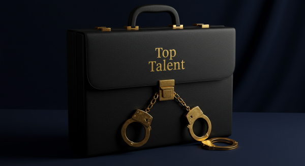 briefcase labeled top talent with golden handcuffs.