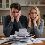 A worried young couple sitting at a kitchen table surrounded by medical bills