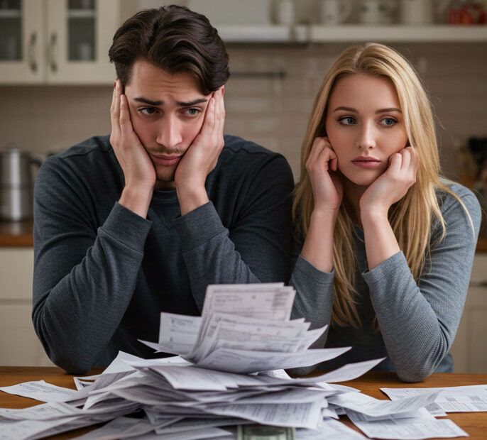 A worried young couple sitting at a kitchen table surrounded by medical bills