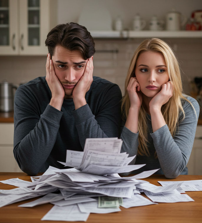 A worried young couple sitting at a kitchen table surrounded by medical bills