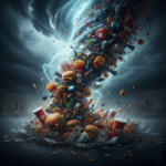 An dramatic tornado spiral of dollar bills , junk food, hospital symbols, and gym equipment