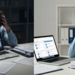 A frustrated person at a desk with scattered medical documents, next to a laptop generating organized files using AI. Split-screen before/after visual.