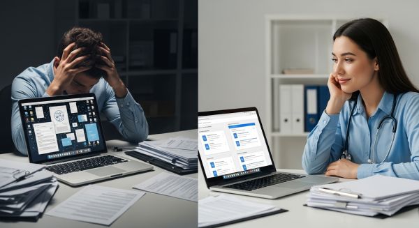 A frustrated person at a desk with scattered medical documents, next to a laptop generating organized files using AI. Split-screen before/after visual.