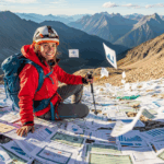 A smiling mountaineer resting on a mountainside obviously coming down with ease. The path is paved with financial papers.