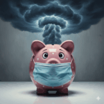 2026’s Insurance Reality Check: What Happens If ACA Subsidies End piggybank wearing a mask with dark storm cloud above