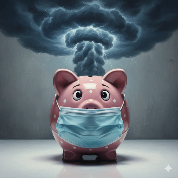 piggybank wearing a mask with dark storm cloud above
