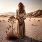 Woman back to camera facing barren desert landscape.