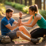 young man on jogging trail sitting down being helped by a young woman looking at broken arm.