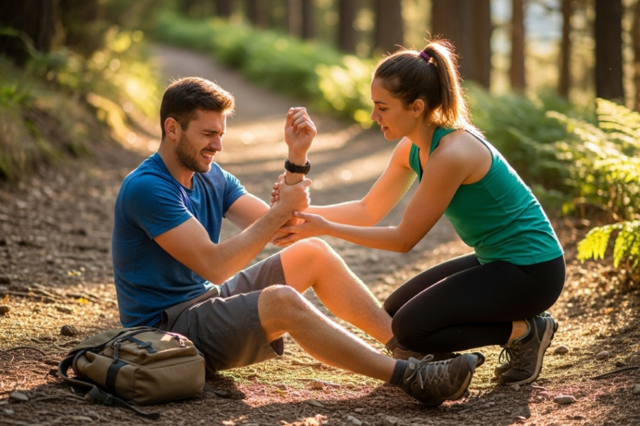 young man on jogging trail sitting down being helped by a young woman looking at broken arm.