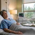 A patient resting in a hospital bed with a calm, content face.
