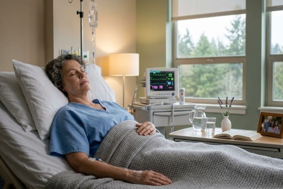 A patient resting in a hospital bed with a calm, content face.