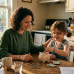 parent and young child sitting at a kitchen table together, a few coins and a small piggy bank between them. Warm afternoon light. Relaxed, unhurried. The vibe is real life, not a stock photo — casual and intimate.