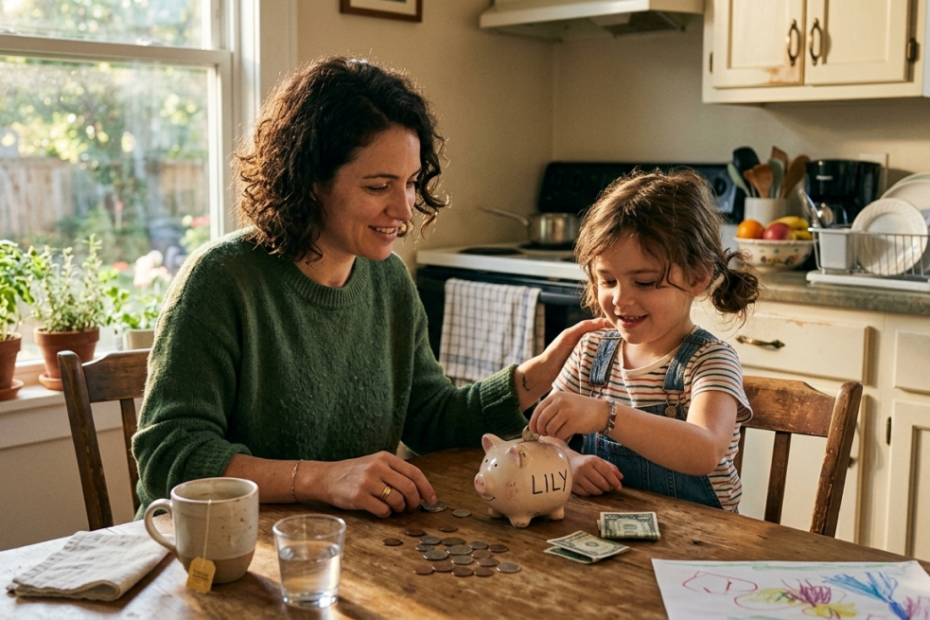 parent and young child sitting at a kitchen table together, a few coins and a small piggy bank between them. Warm afternoon light. Relaxed, unhurried. The vibe is real life, not a stock photo — casual and intimate.