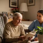 Older adult at home with a caregiver. Warm, natural light. Calm, dignified, non-clinical setting. Focus on independence and support.