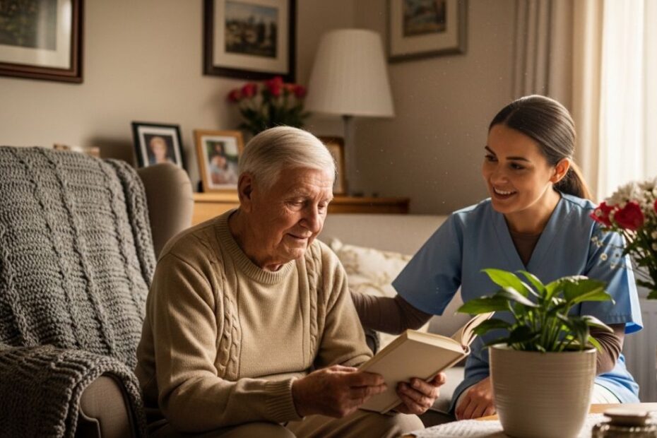 Older adult at home with a caregiver. Warm, natural light. Calm, dignified, non-clinical setting. Focus on independence and support.