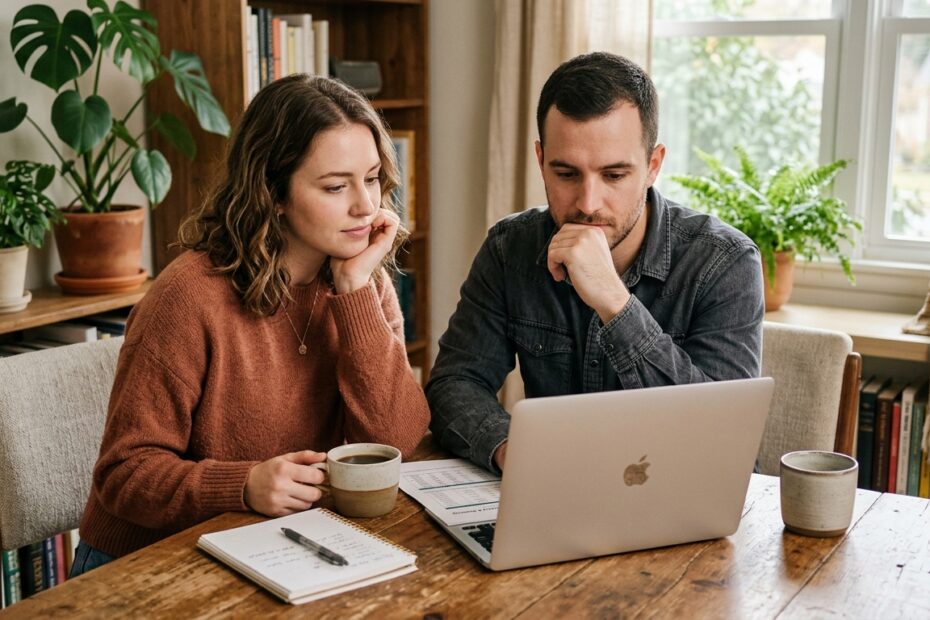 A couple sitting at a desk, looking thoughtfully at a laptop.