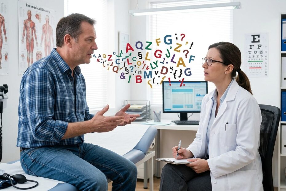 patient in doctor's office talking to doctor and the patient is spewing nonsensical letters out of their mouth, representing how symptoms can be misrepresented