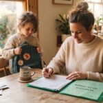 A warm, golden-light morning scene at a kitchen table with a backpack, a folder of forms, and a coffee mug — conveying that quiet, purposeful moment before the rush of the school year, where a parent is getting organized and taking care of back-to-school insurance checklist