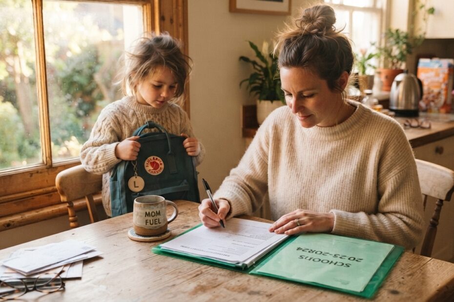 A warm, golden-light morning scene at a kitchen table with a backpack, a folder of forms, and a coffee mug — conveying that quiet, purposeful moment before the rush of the school year, where a parent is getting organized and taking care of back-to-school insurance checklist