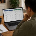 Man comparing two health plans side by side on laptop.