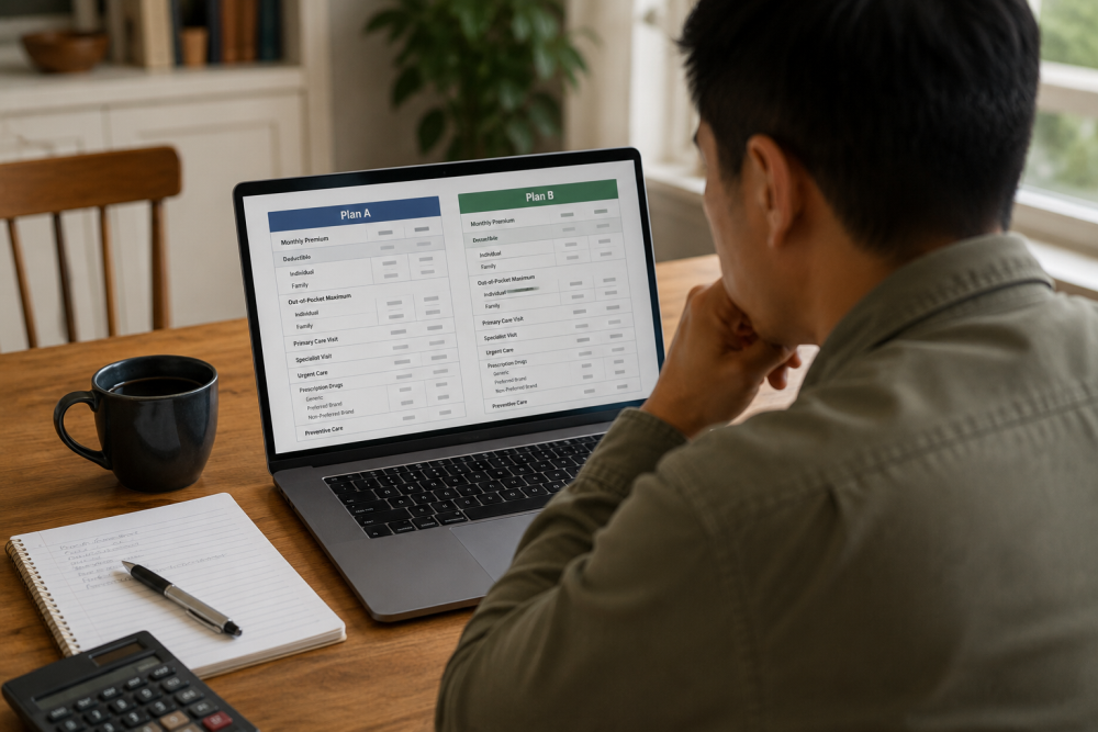 Person comparing health insurance premiums, deductibles and coverage options on a laptop