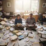 A couple sitting in a maze of documents