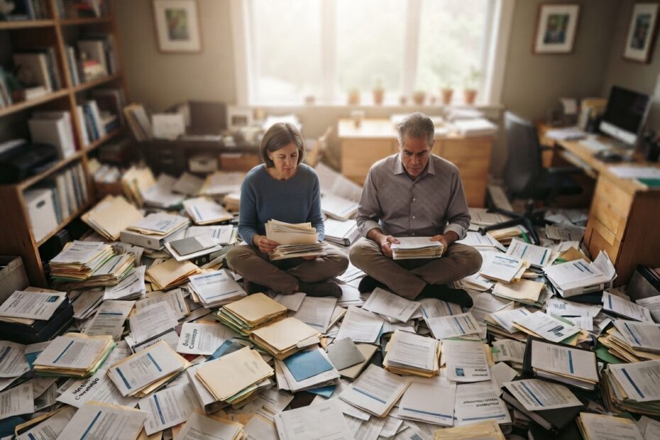 A couple sitting in a maze of documents