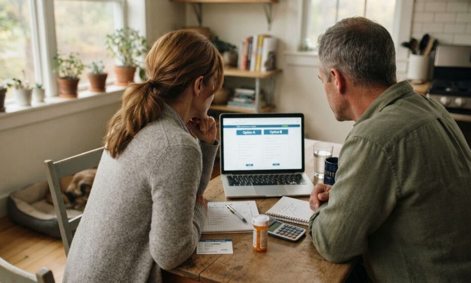 middle-aged couple at a kitchen table reviewing health coverage options for the coming year.